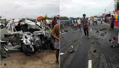 நேருக்கு நேர் மோதிக்கொண்ட கார் - பேருந்து : 3 பேர் பலி..  அடையாளம் தெரியாமல் உருகுலைந்துபோன கார்.. 