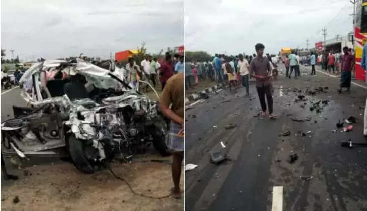 நேருக்கு நேர் மோதிக்கொண்ட கார் - பேருந்து : 3 பேர் பலி..  அடையாளம் தெரியாமல் உருகுலைந்துபோன கார்.. 