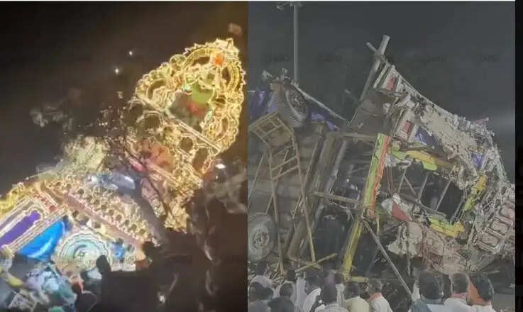 வேலூர் மயான கொள்ளை திருவிழாவில் 60 அடி உயர தேர் சரிந்து விபத்து