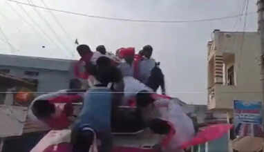 Telangana minister KTR Rao falls from vehicle during poll rally in Nizamabad