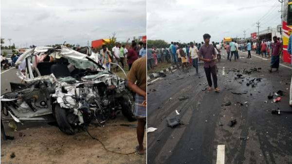 நேருக்கு நேர் மோதிக்கொண்ட கார் - பேருந்து : 3 பேர் பலி.. அடையாளம் தெரியாமல் உருகுலைந்துபோன கார்..