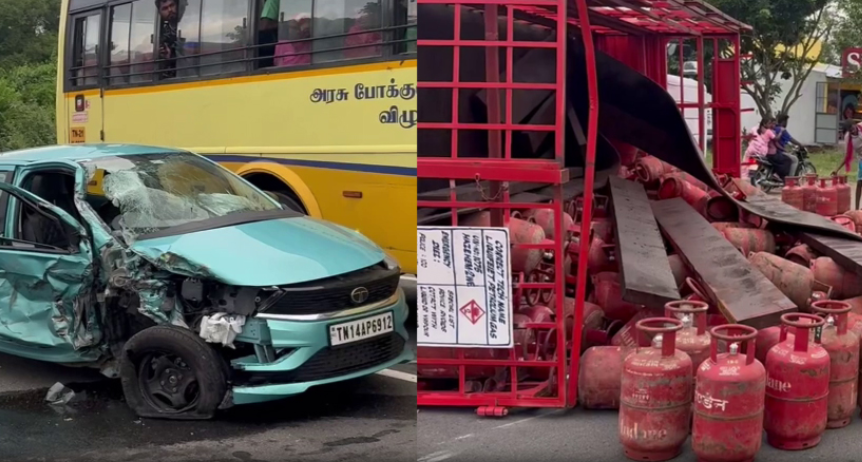 செஞ்சியில் பெரும் பரபரப்பு- சாலையில் சிதறிய சிலிண்டர்கள்