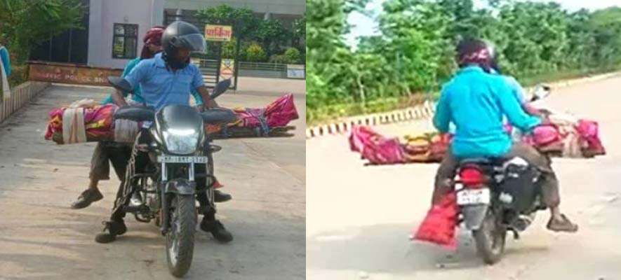 தாயின் உடலை மரப்பலகையில் கட்டி 80 கி.மீ. பைக்கில் கொண்டு சென்ற மகன்