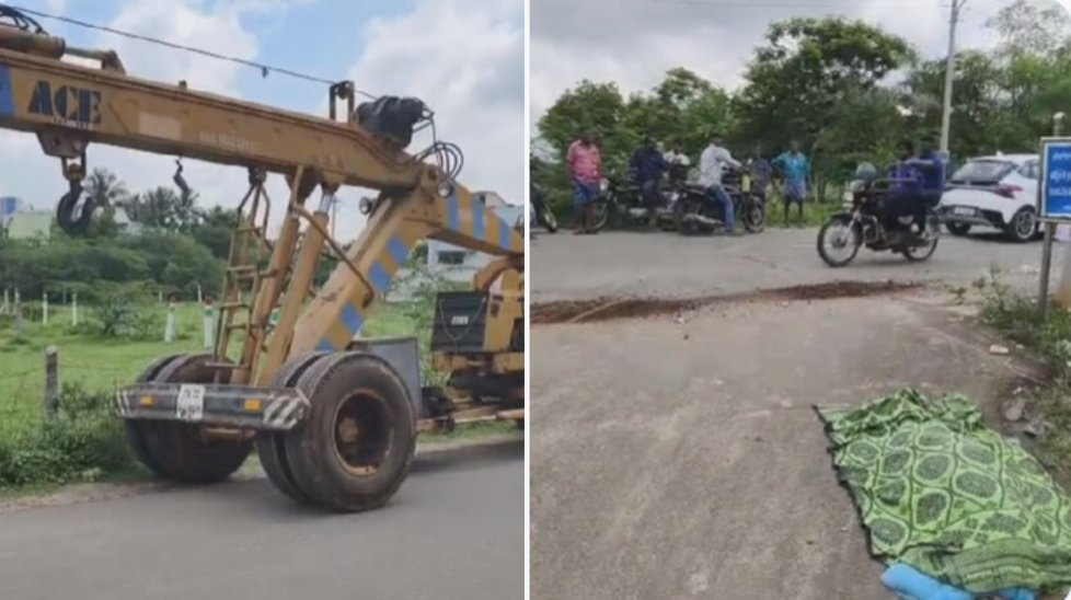 காதில் ஹெட்போன் மாட்டிக்கொண்டே கிரேனை இயக்கிய ஓட்டுநர்- சாலையோரம் நடந்து சென்ற பெண் பலி