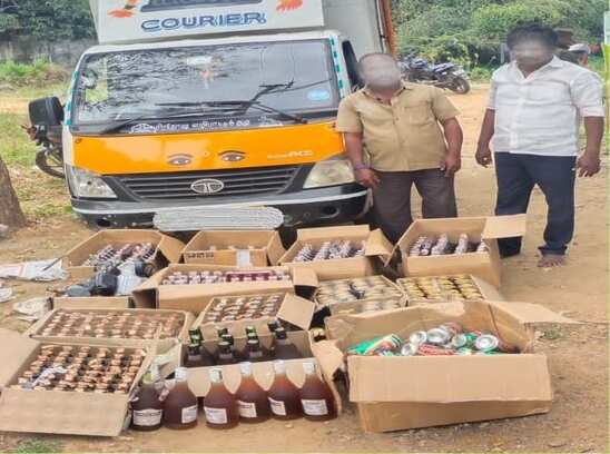 திண்டிவனம் அருகே கூரியர் வேனில் வெளிமாநில மதுபாட்டிகள் கடத்திவந்த இருவர் கைது!
