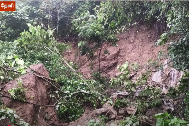 மலை சாலையை ஸ்தம்பிக்க வைத்த மண் சரிவு- தேனியில் பரபரப்பு