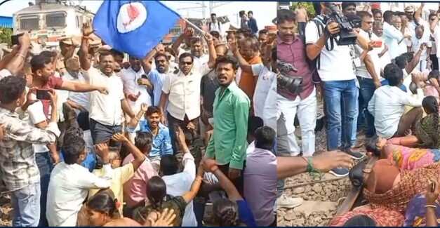 காரைக்காலில் மீனவர்கள் ரயில் நிலையத்தில் போராட்டம்