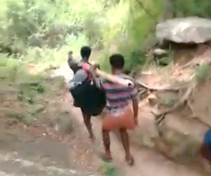 மலைப்பாதையில் கர்ப்பிணி பெண்ணை தொட்டில் கட்டி சுமந்து சென்ற உறவினர்கள்... சாலை வசதி இல்லாததால் தொடரும் அவலம்!