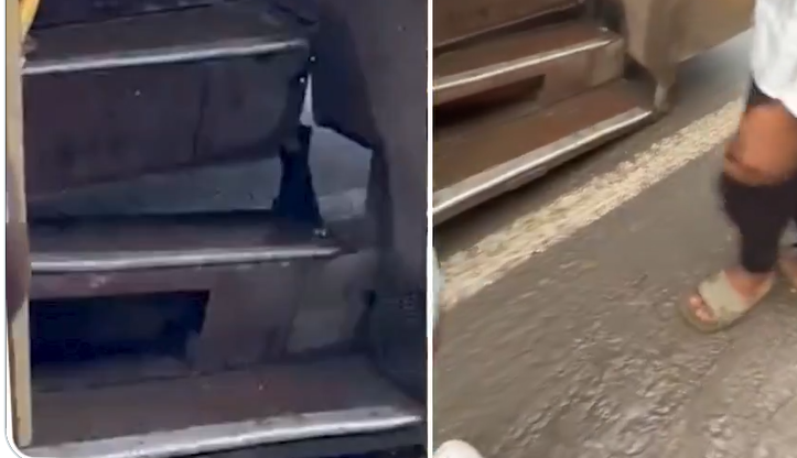 அரசு பேருந்தின் பின்பக்க படிக்கட்டு திடீரென உடைந்து விழுந்ததால் பரபரப்பு