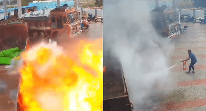 பெட்ரோல் பங்கில் லாரியின் டீசல் டேங்க் வெடித்து விபத்து!