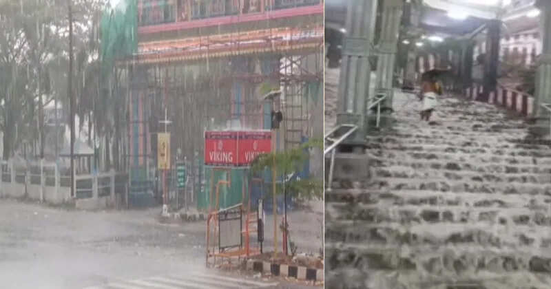 பழனி கோவில் படிக்கட்டுகளில் அருவி போல் ஓடிய வெள்ளம்!