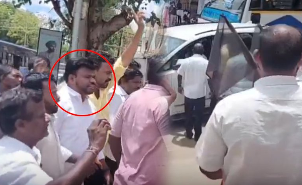 பாஜக மாவட்ட தலைவர் ஆனந்தன் அய்யாசாமிக்கு கட்சியினரே கருப்பு கொடி காட்டி எதிர்ப்பு